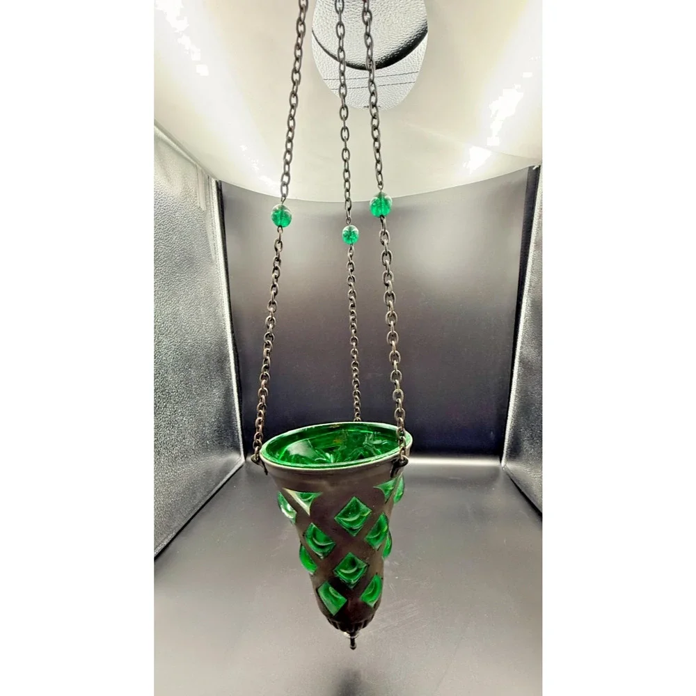 Hanging Metal Orthodox Sanctuary Vigil Lamp Candle Holder Emerald Green Diamond